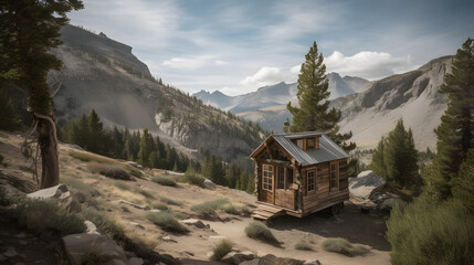 This captivating stock photo showcases a tiny house nestled in a rugged wilderness, with towering trees and rocky mountains in the background.