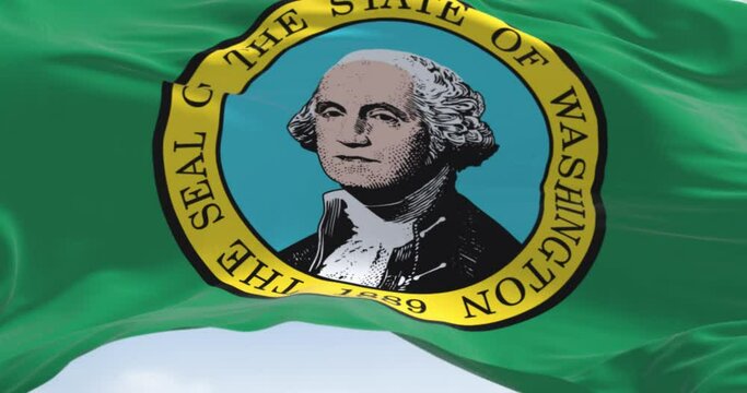 Seamless loop in slow motion of Washington state flag waving in the wind