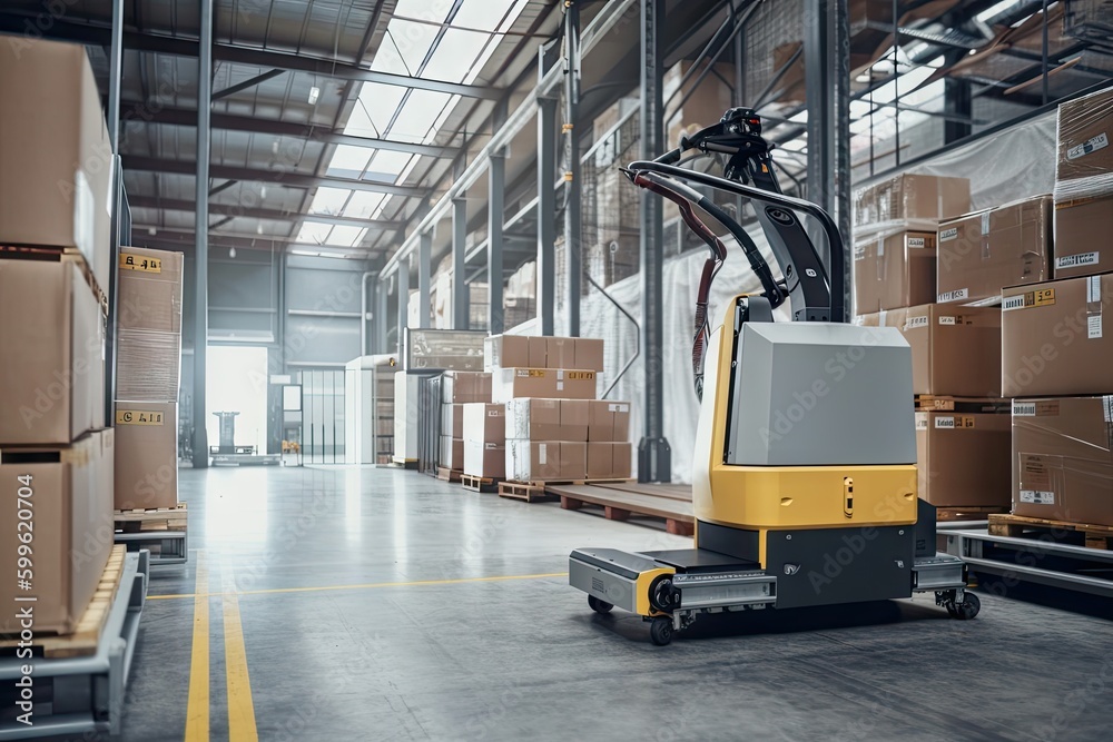 Canvas Prints materials handling robot, loading box onto pallet, with view of busy warehouse visible in the background, created with generative ai