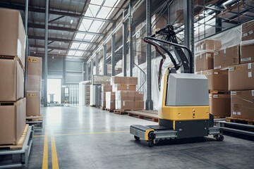 materials handling robot, loading box onto pallet, with view of busy warehouse visible in the background, created with generative ai