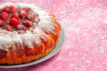 front close view delicious strawberry cake baked with sugar powder on light pink background cake sweet sugar biscuit cookies pie