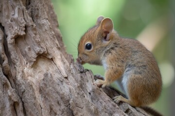 Naklejka na ściany i meble baby squirrel climbing tree trunk, its bushy tail visible, created with generative ai