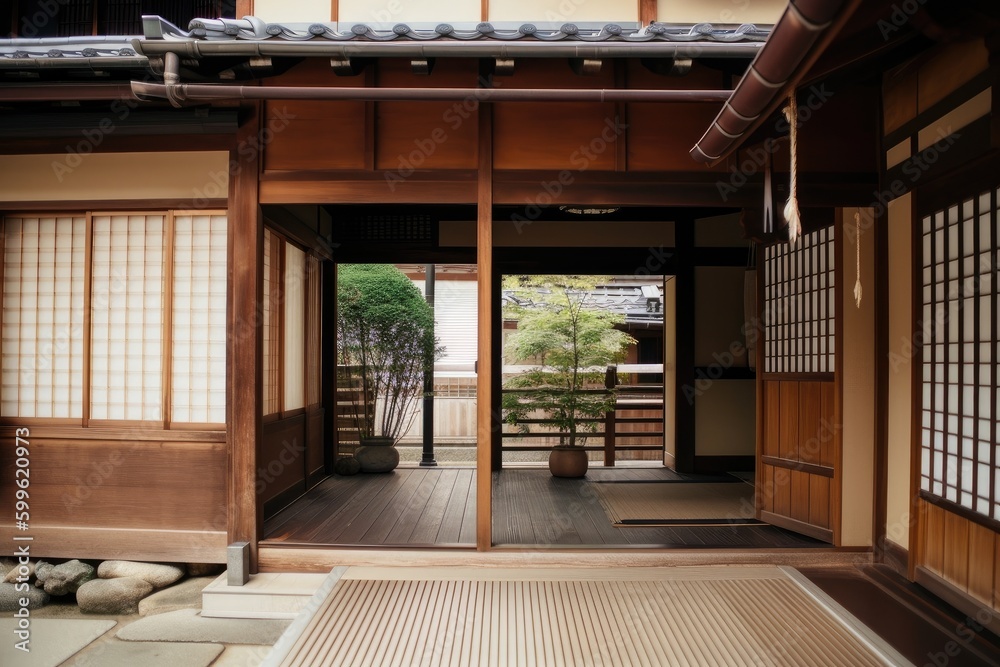 Canvas Prints traditional japanese house with wooden exterior and sliding screen doors, created with generative ai