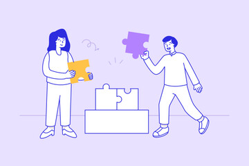 A team solving puzzle pieces together