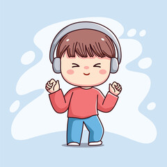 Cute happy boy with headphone listening music kawaii chibi flat outline cartoon character