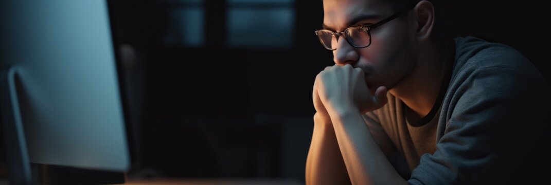 Person looking at a computer screen, with a blank document, unfinished project visible, feeling overwhelmed and unsure of where to start, procrastination concept created with generative AI technology