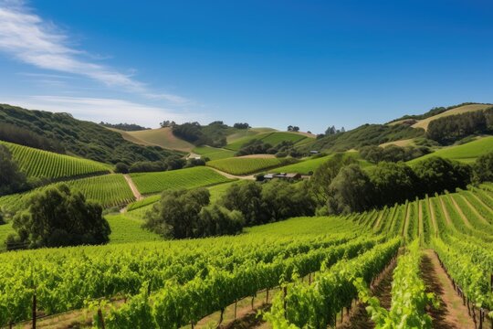 lush green vineyard with rolling hills and blue skies, created with generative ai