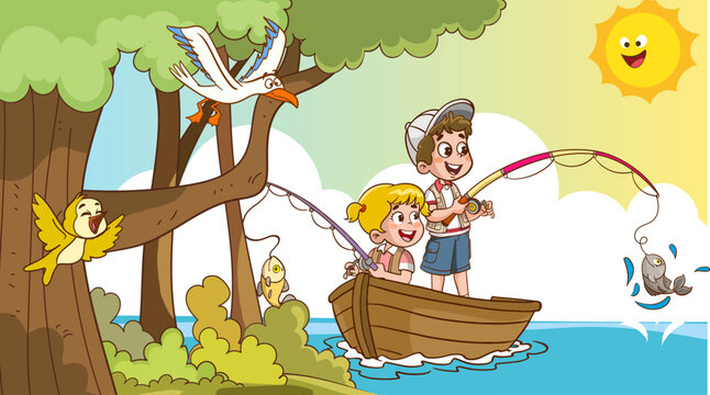 kids fishing cartoon  vector illustration