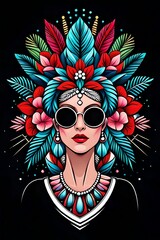 High fashion. Cartoon a glamorous woman with red lips with flower wreath on black background. Illustration fashionable woman generative ai
