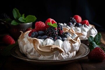 meringue nest, filled with whipped cream and berries, created with generative ai - obrazy, fototapety, plakaty