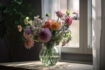 bouquet of pastel flowers in crystal vase on wooden table, created with generative ai
