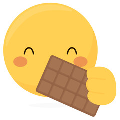 Emoji face with happy smiling eyes enjoy the chocolate flavor and aroma.
Vector illustration of emoticon face with a big chocolate in his hand. Sticker for templates and designs of world cocoa day
