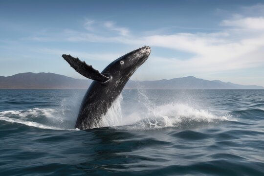 baby whale breaching in the ocean, its black skin shining against the water, created with generative ai