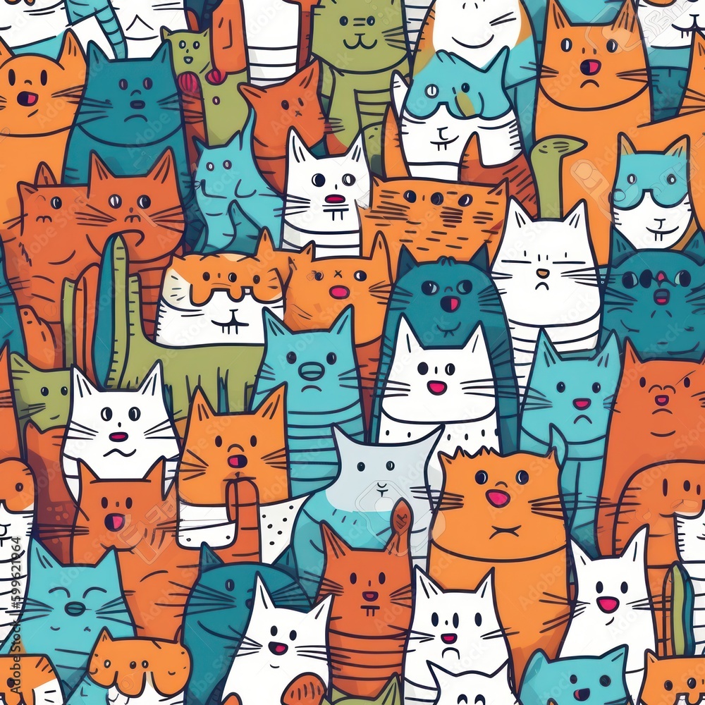 Poster cute funny cats of different colors background seamless pattern