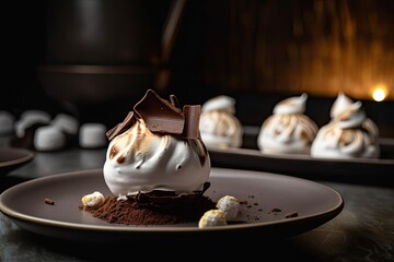 meringue perched on top of chocolate truffles, a classic dessert pairing, created with generative ai