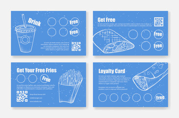 Fast food loyalty card paper coupon template for getting free engraved design set vector