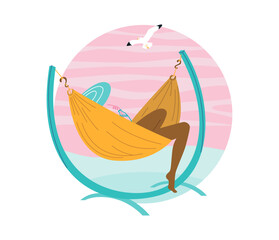 A woman in a swimsuit and a hat in nature lies in a hammock. A seagull is flying. Relaxation, summer vibes. Vector flat illustration