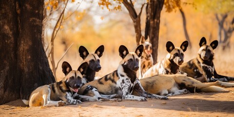 A pack of wild dogs relaxing in the shade of a tree, concept of Animal behavior, created with Generative AI technology