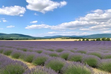 Fototapeta na wymiar lavender field, with view of rolling hills and a blue sky, created with generative ai