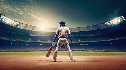 Indian cricket player standing in the middle of stadium and holds wooden bat. Postproducted generative AI illustration.