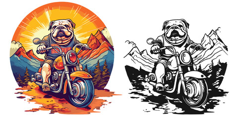 A bulldog riding a motorcycle on a winding mountain road.Illustration of T-shirt design graphic.