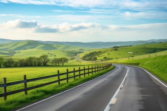 scenic highway with view of rolling hills and farm fields, created with generative ai