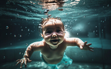 The child swims in the water. Generative AI