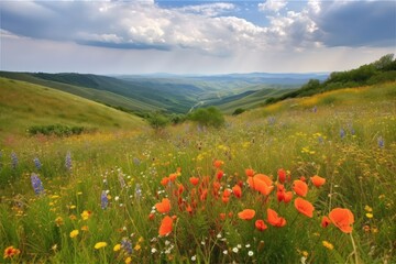 landscape with rolling hills and vibrant wildflowers, created with generative ai