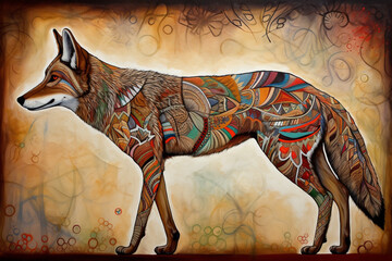 Indigenous style illustration of a coyote. Generative AI.