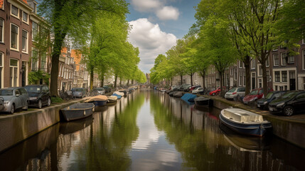 Fototapeta na wymiar Illustration of canals in a traditiona Dutch city Generative AI.