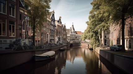 Illustration of canals in a traditiona Dutch city Generative AI.