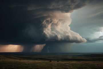 view of storm cloud with lighting and thunder visible, in dramatic tornado-prone landscape, created with generative ai