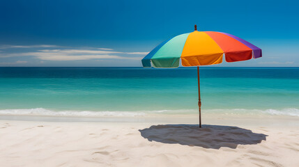 A vibrant and colorful beach umbrella stands tall on a pristine sandy beach with the clear blue ocean waves in the background, capturing the essence of a perfect summer day.