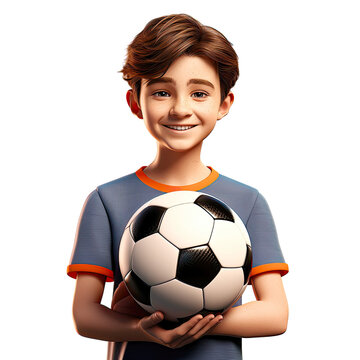 Young smiling boy holding soccer or football ball. Postproducted generative AI illustration.