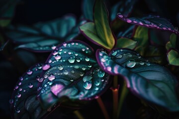 close-up of neon plant with droplets of water on the leaves, created with generative ai