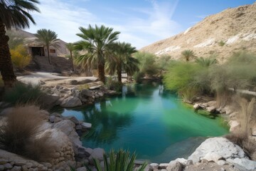 Fototapeta na wymiar oasis with crystal-clear springs, surrounded by desert landscape, created with generative ai