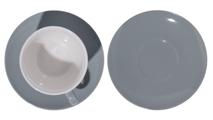 Top view of empty coffee cup and saucer on transparent background