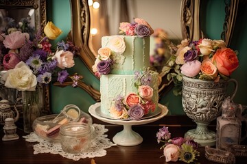 Obraz na płótnie Canvas a whimsical wedding cake with vintage-inspired flowers and decorations, created with generative ai