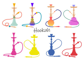 A set of various hookahs. Lounge bar logo concept. Vector illustration isolated on white background.