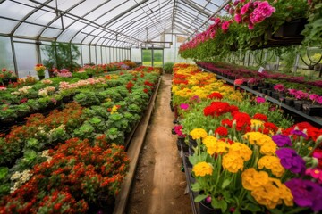 greenhouse filled with vibrant and colorful flowers, created with generative ai