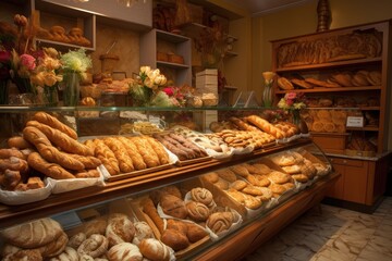 bakery, with display of freshly baked breads and pastries, created with generative ai