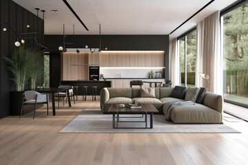 Fototapeta na wymiar minimalist home, with open floor plan, natural lighting and sleek furniture, created with generative ai