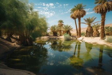 Fototapeta na wymiar oasis with clear spring and palm trees in the desert, created with generative ai
