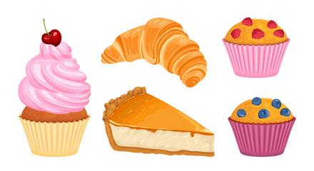 Sweet pastry set. Croissant, cheesecake, cherry cupcake with whipped cream, muffin with blueberry and raspberry isolated on white background. Vector cartoon illustration.