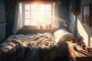 a cozy bedroom, with sunlight streaming in through the window and warming the sheets, created with generative ai