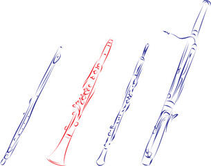 Hand drawn, vector illustration of the wood music instruments family: flute, clarinet, oboe, bassoon - obrazy, fototapety, plakaty