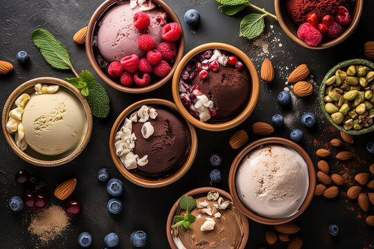 Different flavors of ice cream and ice cream.AI technology generated image