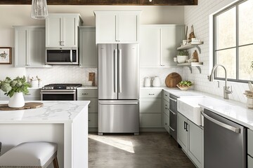 modern farmhouse kitchen with sleek stainless steel appliances and marble countertops, created with generative ai