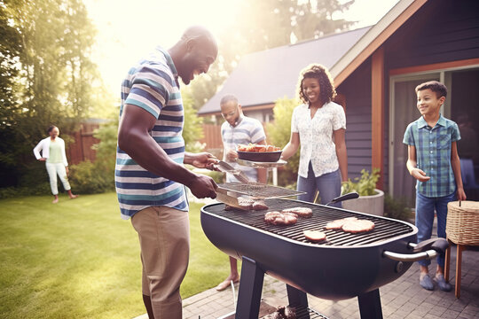 A Happy African American Family From The United States Grilling Meat In Their Backyard While Celebrating Independence Day, July 4th