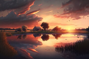 Naklejka na ściany i meble peaceful countryside sunset, with rosy tones reflected in the sky and clouds, created with generative ai